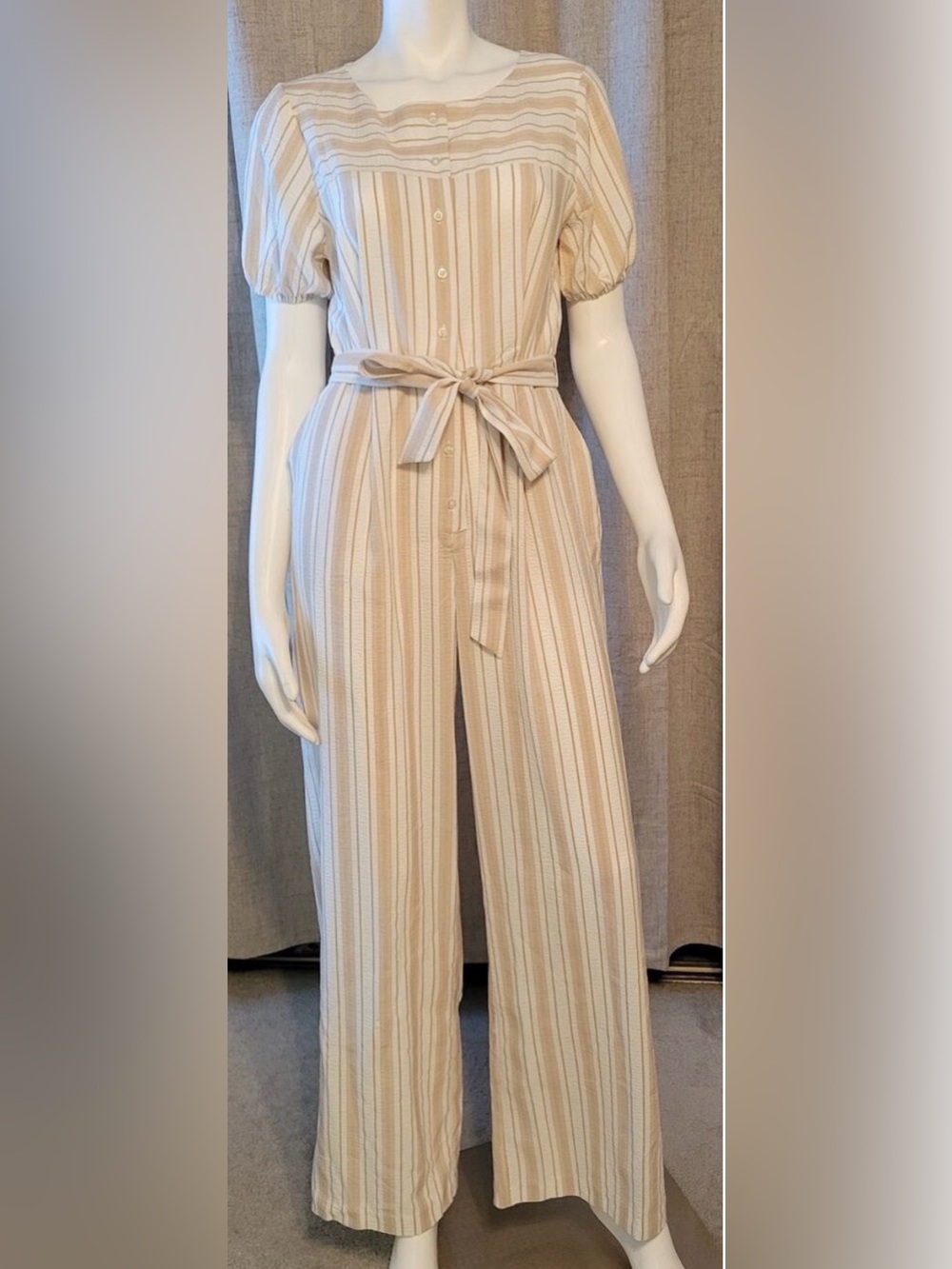 Chaps Beige Striped Tie-Waist Wide-Leg Jumpsuit